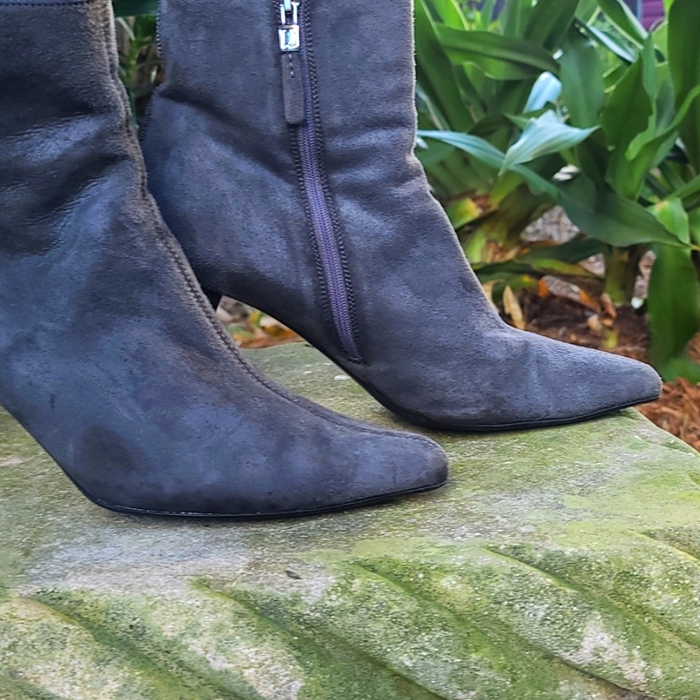 Prada Charcoal Gray Suede Pointed-Toe Ankle Boots - Picture 2 of 14